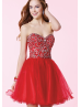 Red Tulle Beaded Sweetheart Neckline Knee Length Prom Dress